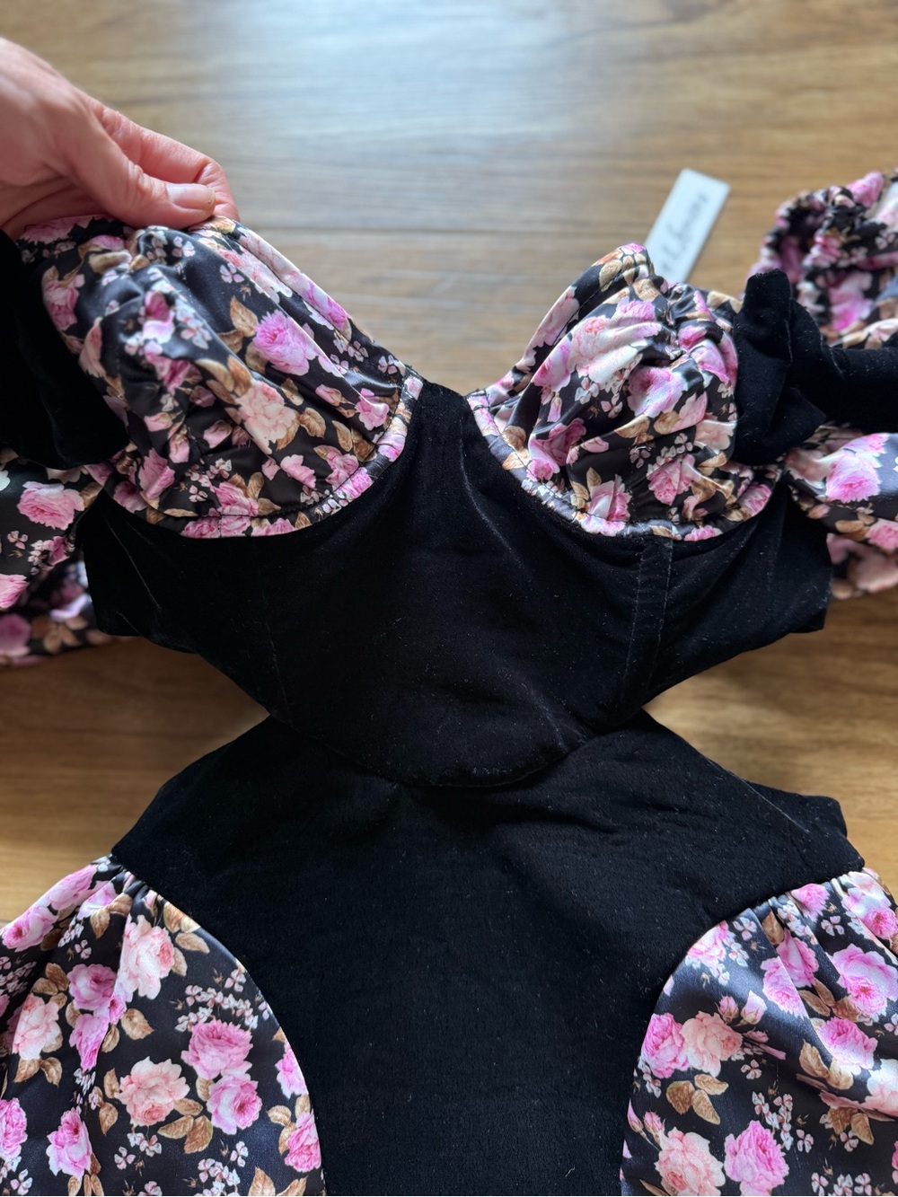 For Love & Lemons Kate Mini Dress Black Floral Puff Sleeve Corset Bubble Hem S - Picture 6 of 12